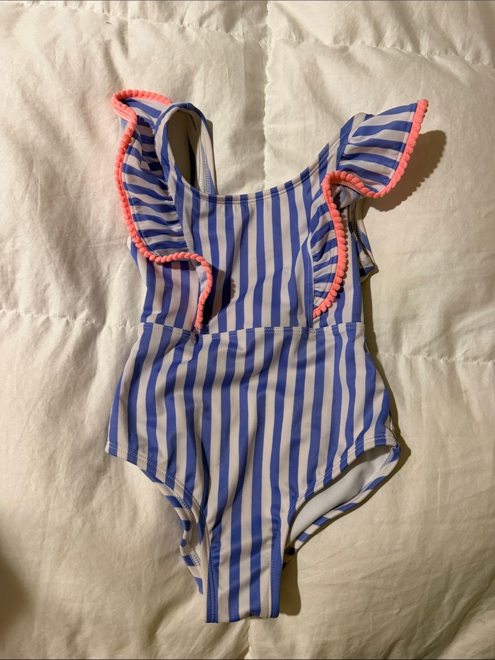 Cat & Jack Blue and White Striped Ruffle One-Piece Swimsuit with Pink Trim